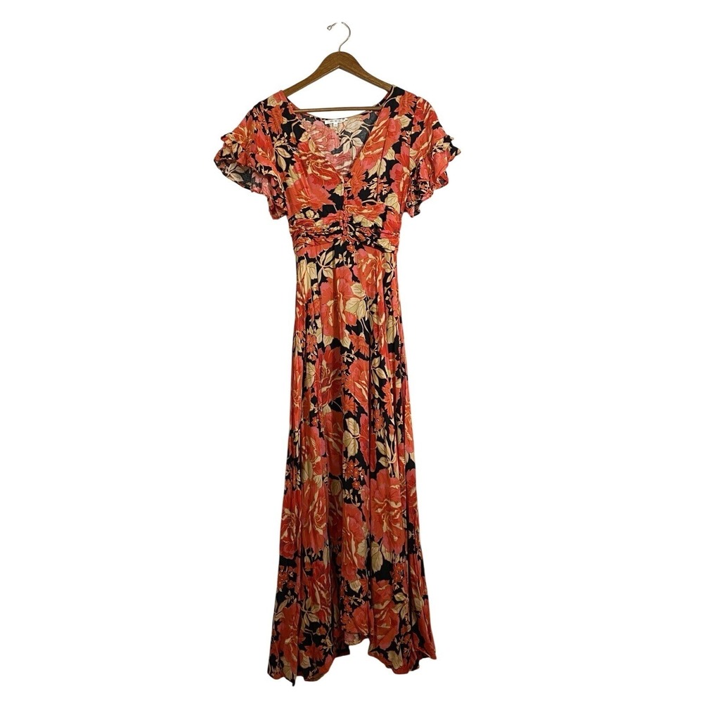 Abel The Label Women XS Floral Maxi Dress V-Neck Flutter Sleeve Boho Orange Pink